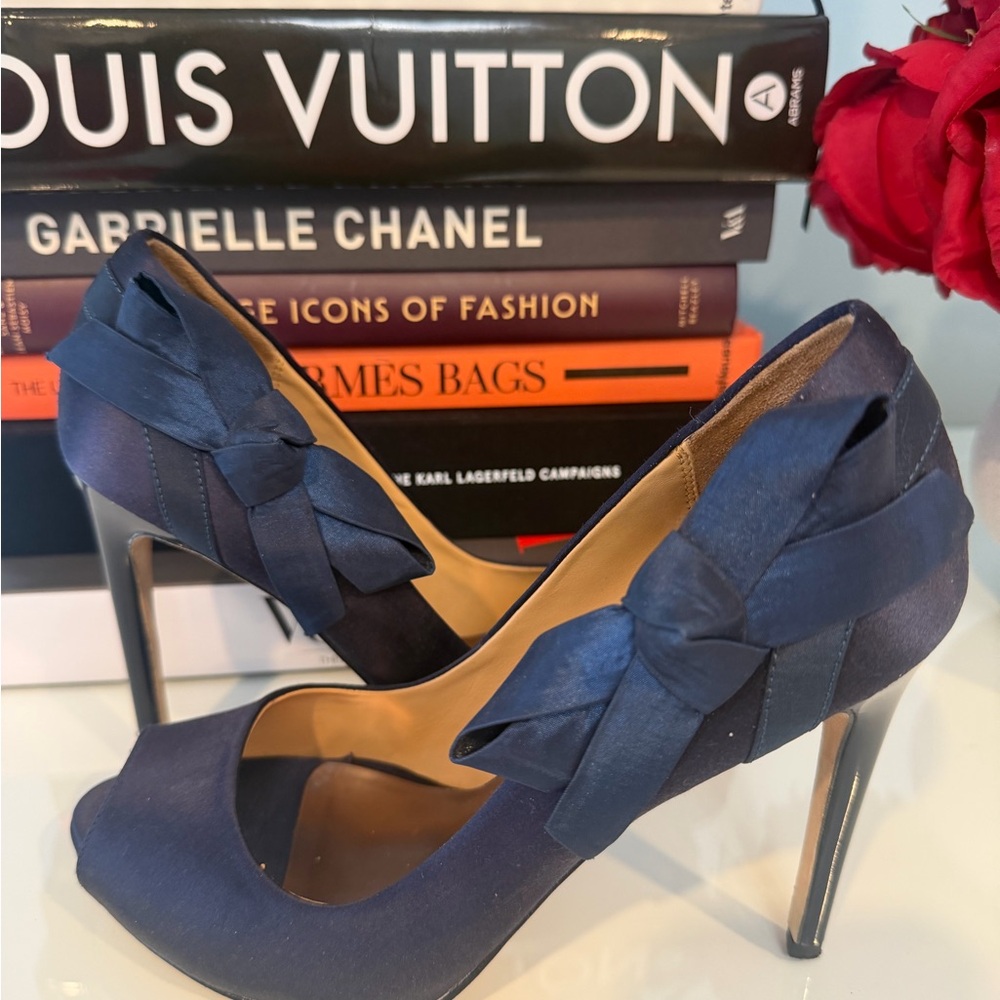 Badgley Mischka Navy Satin Heels with Bow